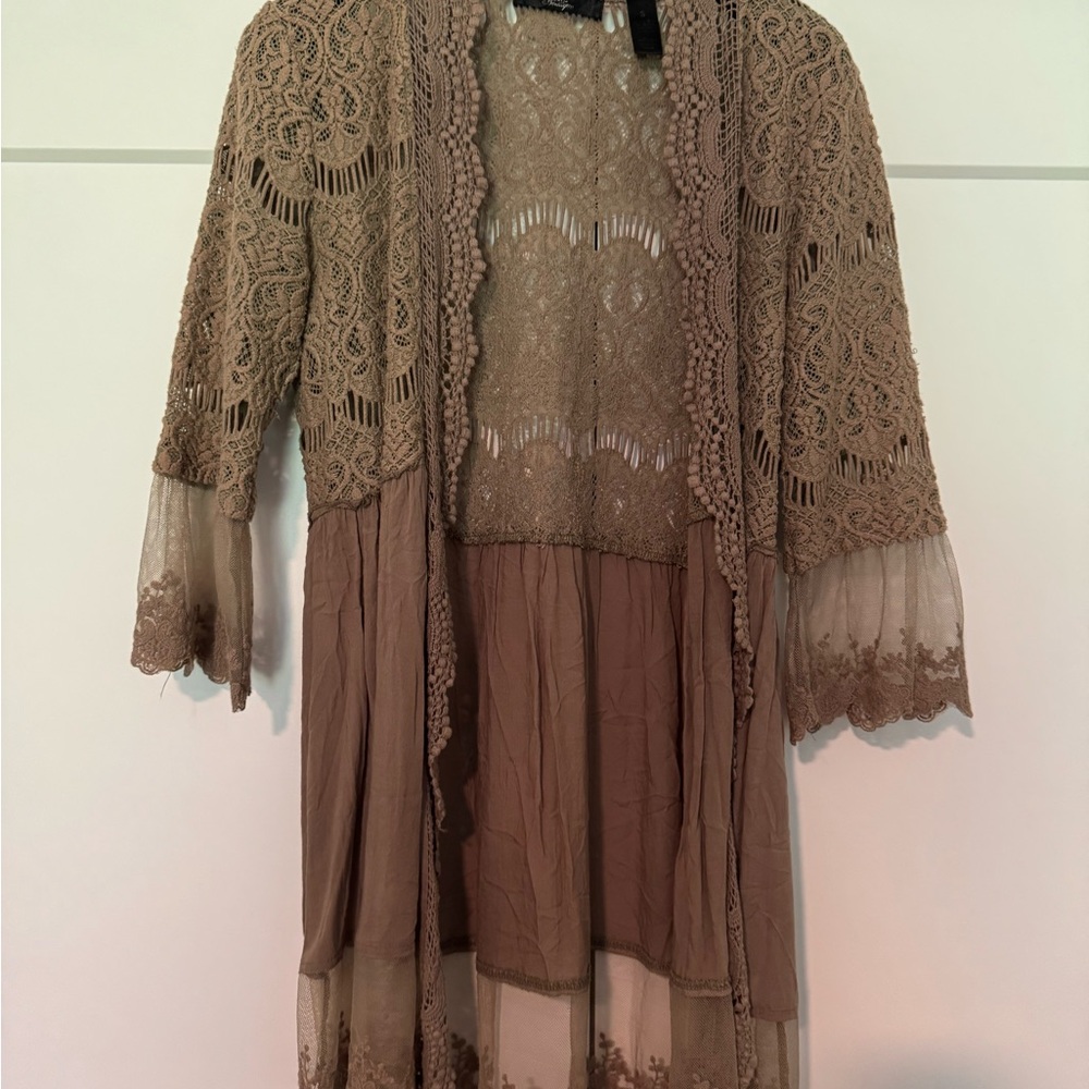 BKE Boutique Tan Lace Cardigan